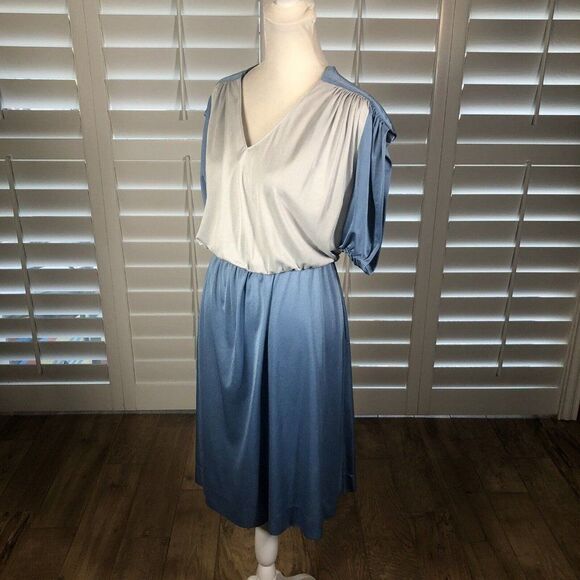 Vtg 70 Act I Blue Silver Blouson Disco Polyester Dress Medium Stretch 1/2 Sleeve - Picture 3 of 12